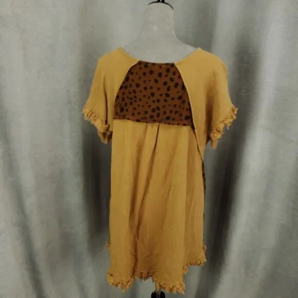 Umgee Blouse Womens Large Brown Linen Blend Raw Hem Cheetah Leopard Animal Print - Picture 9 of 10